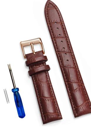 Ремешок кожаный для часов 22 мм коричневый, пряжка - золотистая