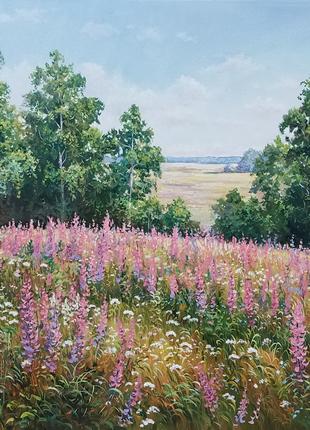 Картина пейзаж літо поле лаванда Коротков полотно олія 50х70 см