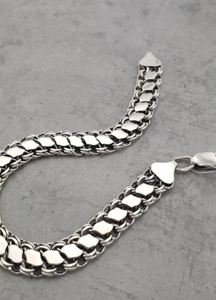 Двойной серебряный браслет бисмарк с накладками мужской. 19 см
