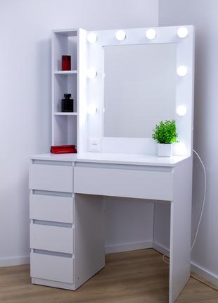 Туалетный стол с подсветкой зеркалом и полочками, белый