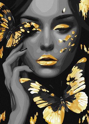 Картина за номерами Дівчина із золотими метеликами з фарбами м...