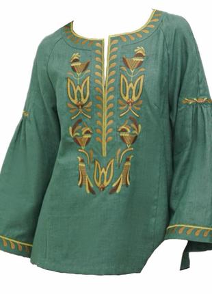Блуза гармония зеленая женская льняная, галерея льна, 42-56р.