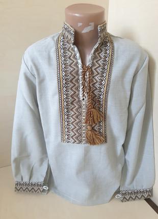 Лен Рубашка Вышиванка для мальчика коричневая вышивка р.86 - 146