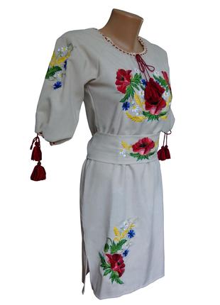 Женское льняное платье Вышиванка с поясом бежевое р.42-60