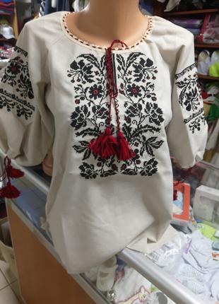 Льняная Женская рубашка Вышиванка черно красная вышивка р.42 - 60