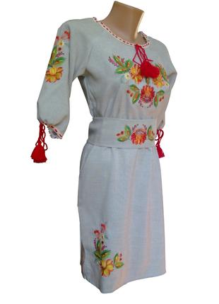 Платье женское вышитое Лен Вышиванка с поясом Поле р.42 - 60