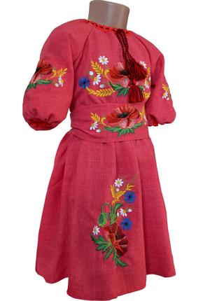 Сукня Вишиванка для дівчинки льон Мама Донька червона р. 98 - 146