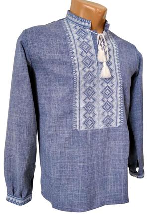 Льняная мужская Рубашка Вышиванка серо синяя вышивка р. 42 - 58