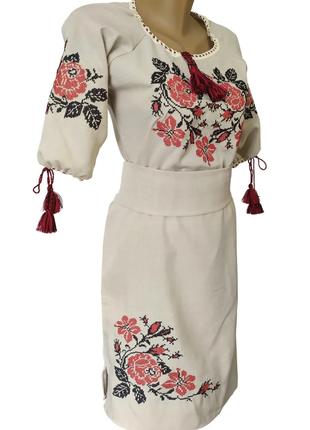Льняное Платье вышиванка для девочки Розы р.146 - 164