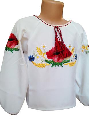 Домотканая Рубашка Вышиванка для девочки гладью цветы р. 92 - 140