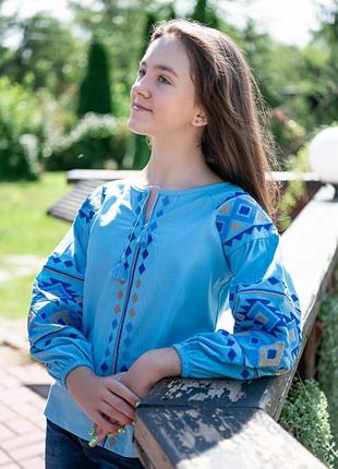 Рубашка Вышиванка для девочки Голубая натуральный лен 122 128 134