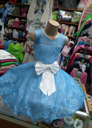 Кружевное бальное Платье для девочки праздник Голубое р.128 134