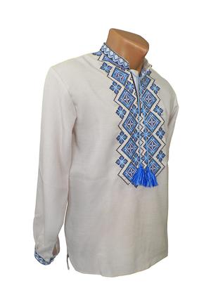 Рубашка Вышиванка для мальчика Голубой орнамент лен р.92 - 140