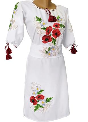 Платье женское Вышиванка с поясом белое Маки р.42 - 60