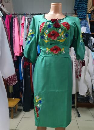 Вышиванка платье женское с поясом лен зеленое р.48 - 60