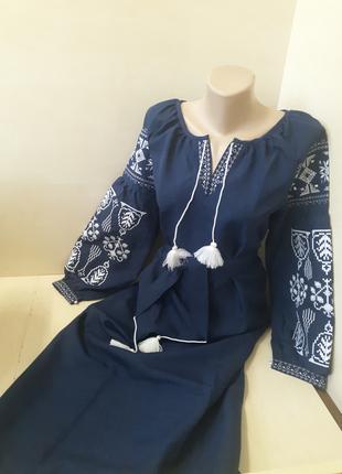 Платье Вышиванка женское с поясом лен синее Для пары р. 46 48 50