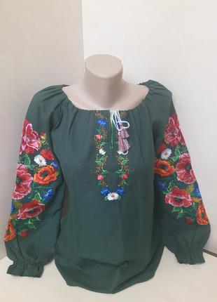 Женская домотканая рубашка Вышиванка зеленая р.42 44