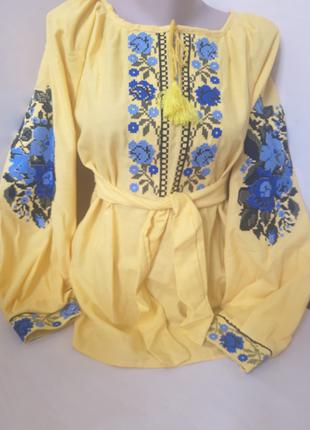 Рубашка вышиванка Женская лен желтая с поясом Для пары р.42 - 60