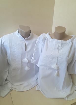 Рубашка Вышиванка Мужская Лен белая вышивка Для Пары р. 42 - 60