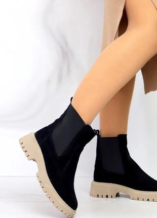 Жіночі стильні молодіжні замшеві черевики, сапоги жіночі чорні...