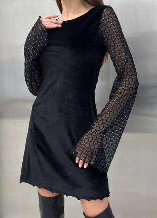Вечірня сукня жіноча коротка (міні) велюрова рукава сітка чорн...