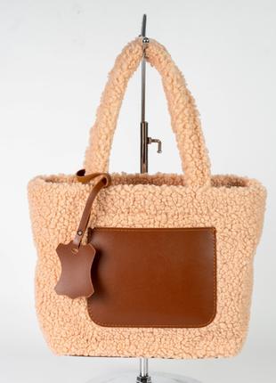 Жіноча сумка пудрова з рудим сумка тедді сумка пухнаста сумка зим