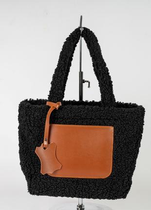 Жіноча сумка чорна з рудим сумка тедді сумка пухнаста сумка зимов