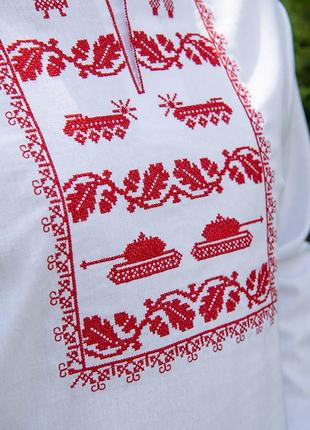 Льняная мужская белая рубашка, белая вышиванка с красным орнам...