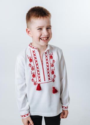 Вышиванка льняная на мальчика, белая рубашка с красным орнаментом