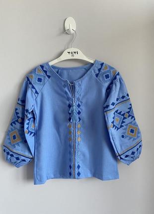 Вышиванка для девочки современная блуза льняная синяя с геомет...