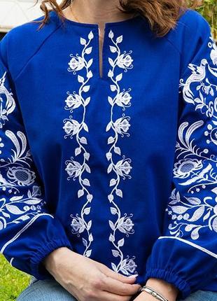 Женская льняная вышиванка, синяя блуза с белой вышивкой