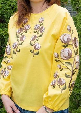Женская льняная вышиванка, современная желтая блуза с вышивкой...