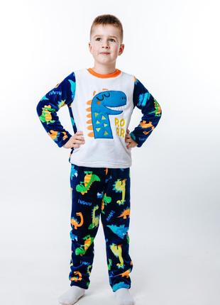 Пижама детская теплая на мальчика с динозаврами, домашняя одеж...