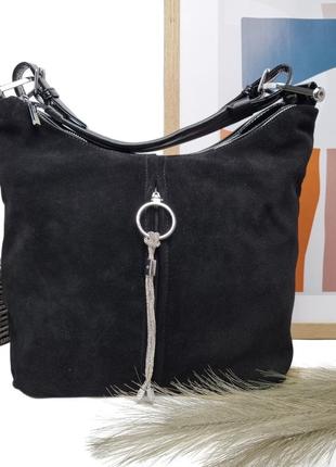 Модная женская сумка мешок натуральная замша черный арт.68918-...