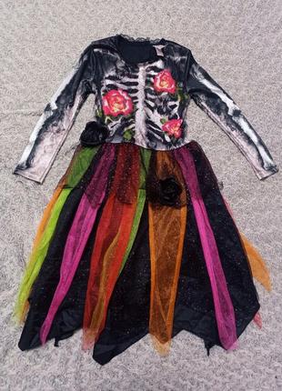 Карнавальное платье девочка скелет с розами хеллоуин 9-10 лет