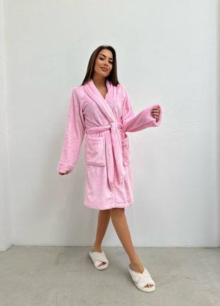 Теплый махровый женский халат на запах с поясом бежевый, розовый