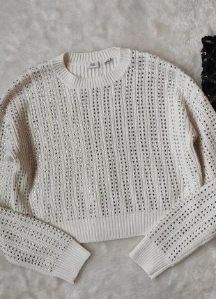 Белый блестящий свитер укороченный кроп кофта оверсайз паеткам...