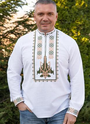 Вышиванка мужская белая, льняная белая рубашка с орнаментом