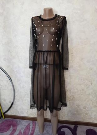 Платье сетка с жемчугом zara