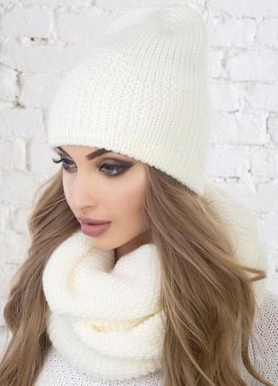 Теплый вязаный зимний комплект шапка + снуд (хомут) белый