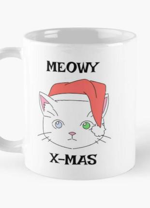 Чашка керамическая кружка с принтом meowy christmas кот белая ...