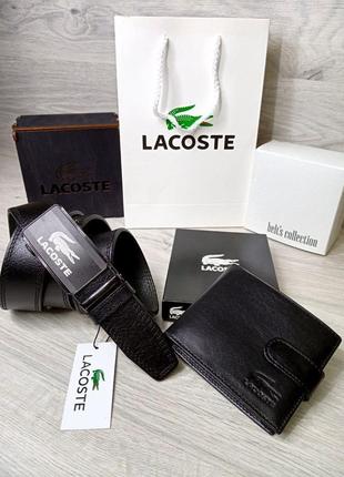 Ремень+кошелек+упаковка мужской кожаный в стиле lacoste