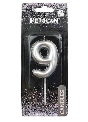 Свічка для торта 9 срібло 6см. 866029 тм pelican