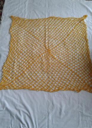 Вязаный желтый ажурный платок, шаль паутинка, палантин 80*80