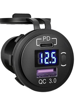 Врізна авторозетка USB Type-C PD QC3.0 12-24 V з вольтметром і...