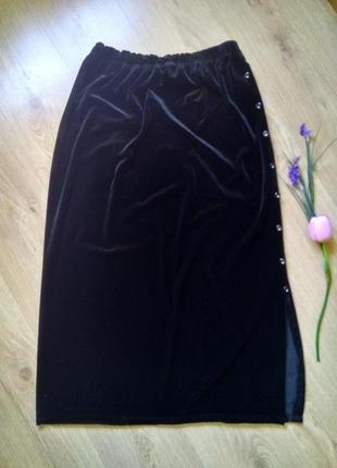 Нарядная черная бархатная юбка макси с боковым разрезом/женска...