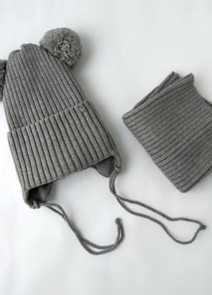 Комплект шапка и хомут зима серый 46-50см