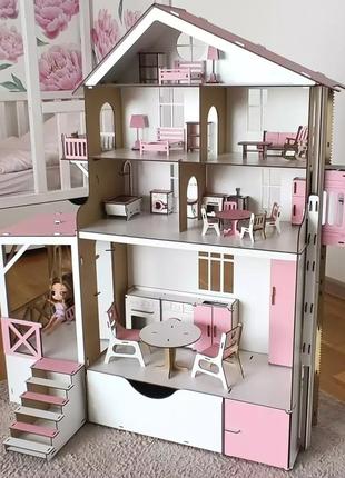 Будиночок для ляльок Барбі та ЛОЛ з меблями та ліфтом, Дерев'я...