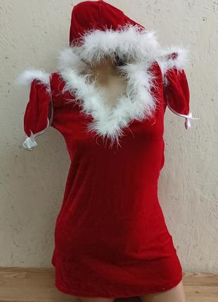 Костюм жіночий новорічний червоний бархатний з білим пухом р м