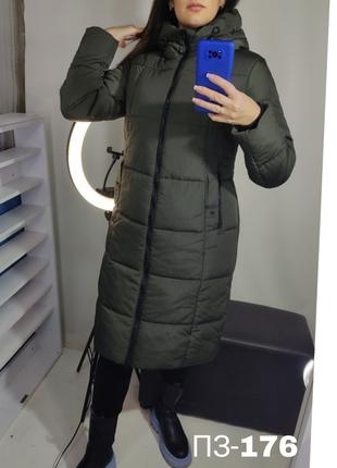 Зимове довге жіноче молодіжне пальто кольору хакі/розміри 46